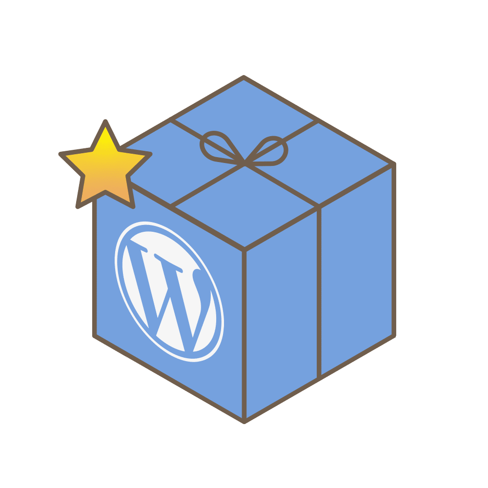 Ein blaues Paket bedruckt mit dem Website-Logo und einem Stern